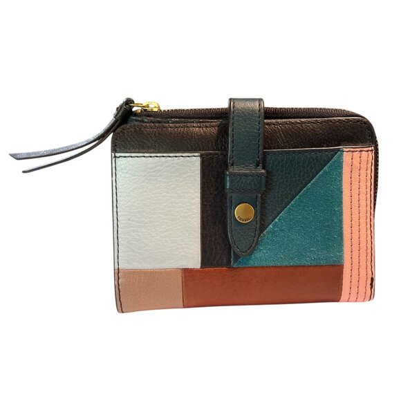 Vintage Fossil Ellis Patchwork Leather Wallet Clutch Black Brown NOS - Picture 1 of 5